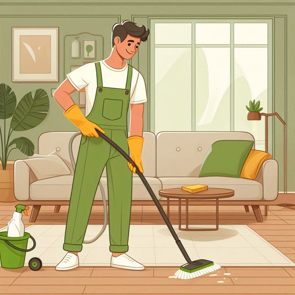 A happy Helper Cleaning a floor